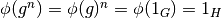 \phi(g^n)=\phi(g)^n=\phi(1_G) = 1_H